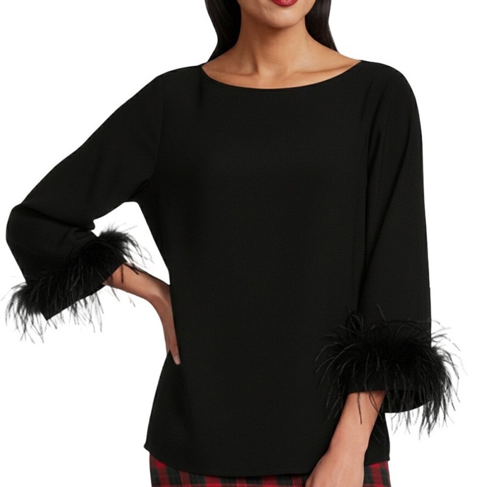 Preston & York Paula Woven Crepe De Chine Boat Neck Long Sleeve Feather Cuff Top